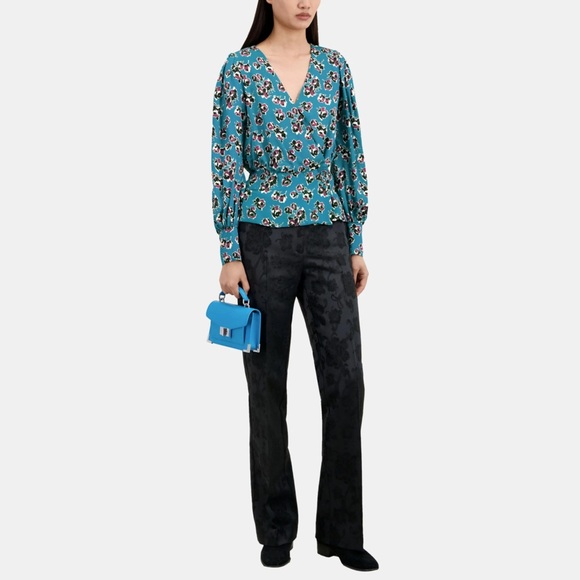 The Kooples Crossover Wrap Top- Blue Floral Satin Long Sleeve Blouse - Picture 4 of 6